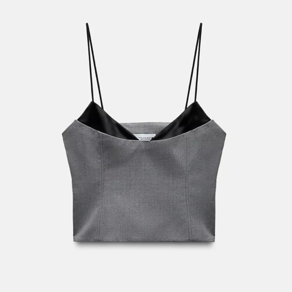 Zara Gray and Black Satin-Trim Spaghetti Strap Crop Top